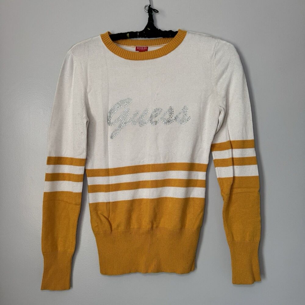 Vintage GUESS Rhinestone Logo Cream/Yellow Striped Sweater Slim Fit Sz XS